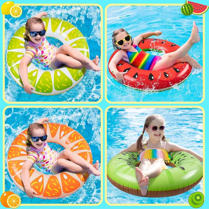 90shine 7PCS Fruit Pool Floats: Watermelon Kiwi Orange Lemon Swimming Rings with 13.5" Beach Balls - Inflatable Tubes Floaties Toys for Kids Adults