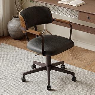 Mid-Century Modern Desk Chair with Walnut Bentwood Design,Retro Home Office Chair with Adjustable Height,360°Swivel,Smooth Rolling Casters,Small Computer Chair PU Leather (Black)
