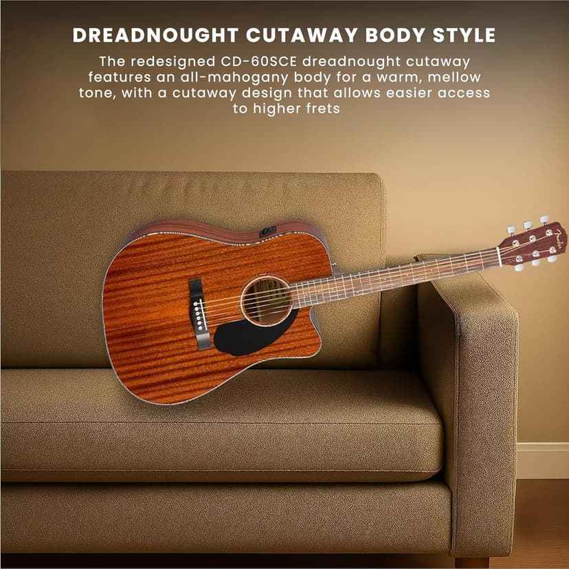Fender CD-60SCE Solid Top Dreadnought Acoustic-Electric Guitar - All Mahogany Bundle with Hard Case, Tuner, Instrument Cable, Strap, Strings, Picks, Austin Bazaar Polishing Cloth and Instructional DVD