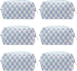 Cute Zipper Makeup Organizer for Women, Travel Essentials, Toiletries, Makeup Brushes, Beauty Accessories&Bridesmaid Gifts Checkered Makeup Bag for Purse, Small Travel Cosmetic Pouch,Blue,6 Pack B0D6YPC6J4