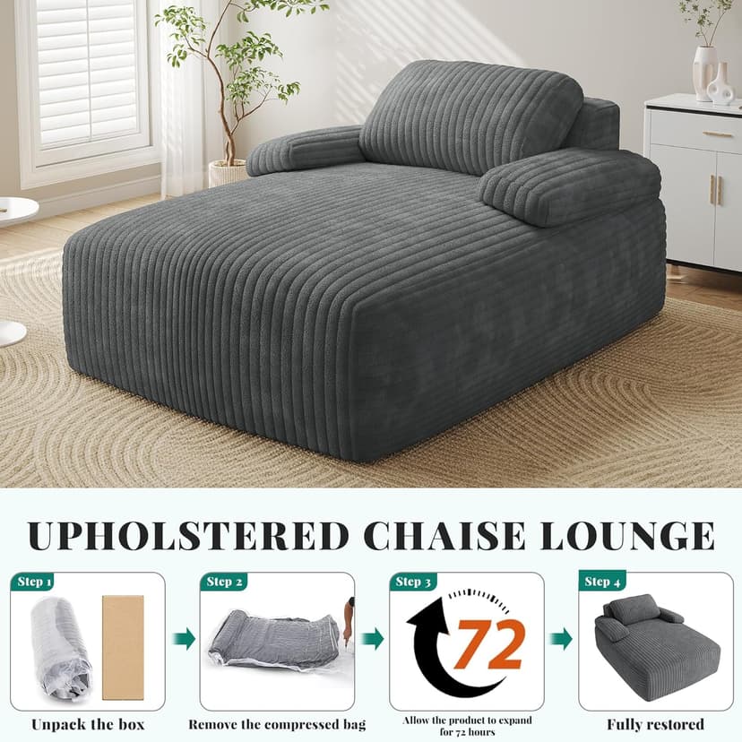 YITAHOME 67"L x 48"W Chaise Lounge Chair Indoor, Oversized Corduroy Upholstered Boneless Sofa Bed, Deep-Seat Sleeper Couch, Reading Chair, Cloud Sofa Couch for Living Room, No Assembly Required, Grey