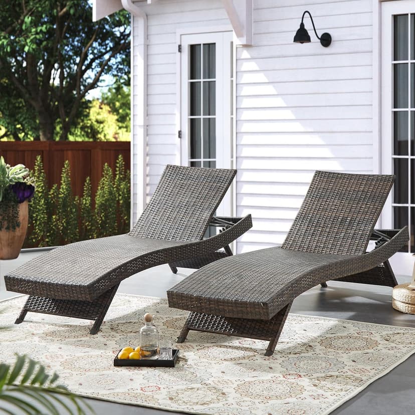 79'' Long Reclining Chaise Lounge Set (Set of 2), Outdoor Wicker Reclining Lounge Chair Patio Rattan Double Chaise Lounge Lawn Sunbathing Chairs Beach Pool Backrest Recliners (Set of 2)