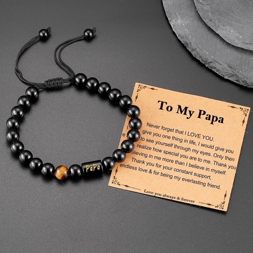 Gifts for Papa Dad New Dad Grandpa, Handmade Braided Rope Bracelet Natural Black Onyx Black Obsidian Tiger Eye Stone Beads Fathers Day Birthday Jewelry Gifts for Men B0H28WK6TZ