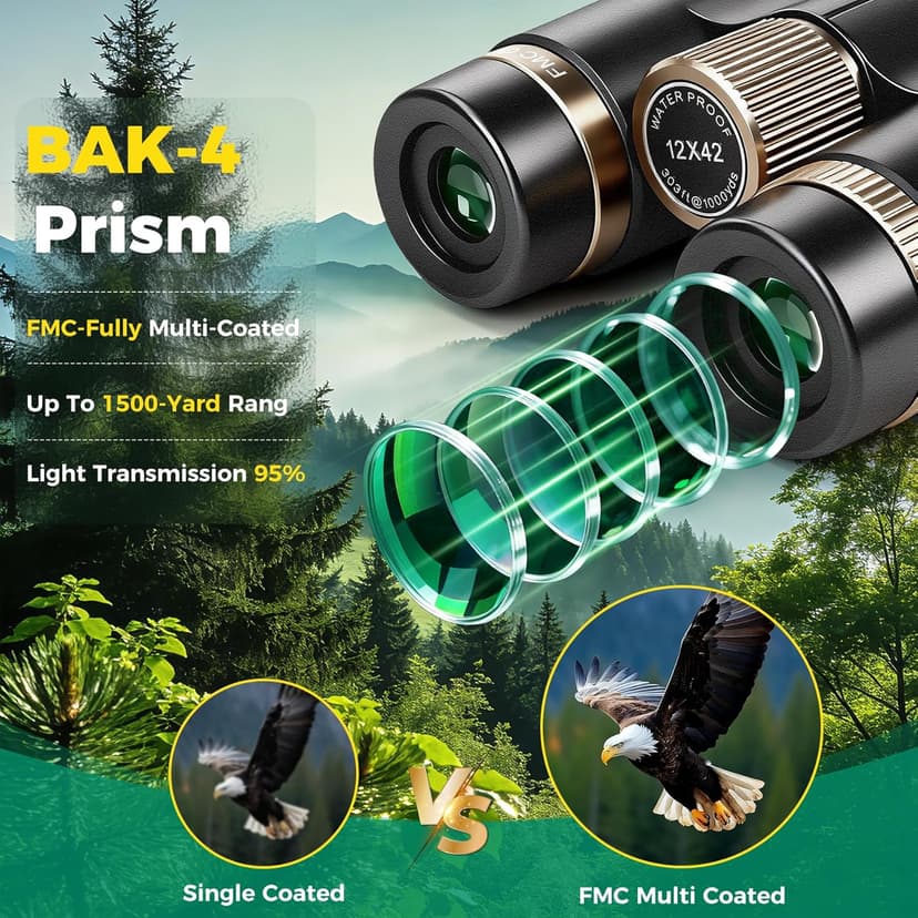 12x42 UHD Binoculars for Adults High Powered Waterproof Large View with Clear Vision & Compact Binocular Essentials for Hunting Camping Cruise Travel Bird Watching Sports