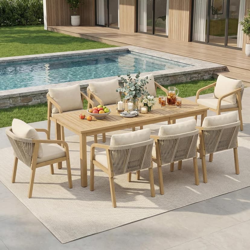 Wisteria Lane 9 Pieces Acacia Outdoor Patio Table and Chairs Set for 8, Patio Outdoor Dining Table Set with Cushion, Modern Outdoor Patio Table Set for Lawn Backyard Garden Deck, Beige