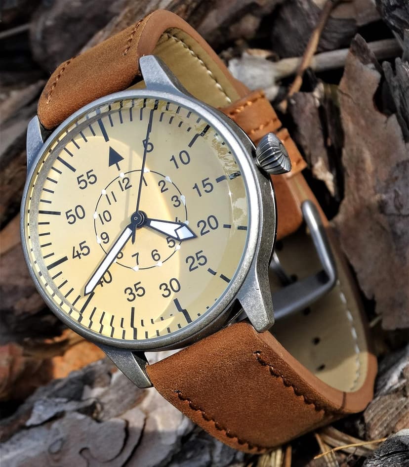 Mil-Tec Luftwaffe Me109 Aviator Vintage German WW2 Flieger Pilot Mens Watch - Military Easy to Read Calfskin Brown Leather Strap 3 Atm Analog Quartz