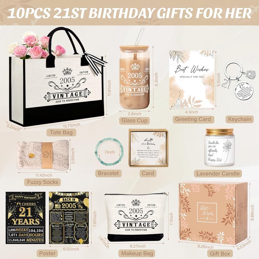 Jumway 21st Birthday Gifts for Women, Happy 21 Year Old Birthday Gifts for Women, Glass Cup & Canvas Tote 2005 Decorations & Ideas for Sister Daughter Girlfriend Her Friends B0GZ3YB5T7