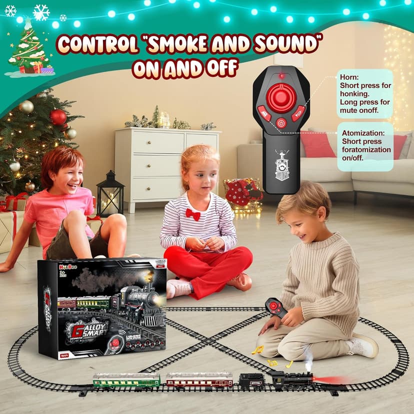 Hot Bee Train Set, Remote Control Train Toys with Luxury Track & Glowing Passenger Carriages, Metal Christmas Tree Train with Smoke, Light and Sound, Toy Train Set for 3 4 5 6 7+ Years Old Boys Gifts