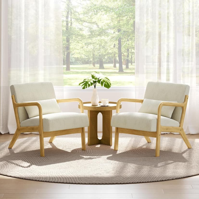 Yaheetech Accent Chair for Living Room, Corduroy Mid Century Modern Reading Armchairs with Lumbar Pillow for Bedroom, Decorative Sofa Chair for Adult Beige/Set of 1
