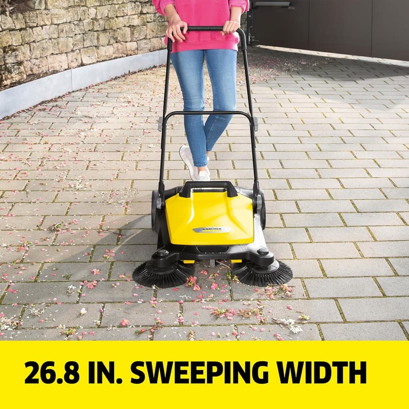 Kärcher Walk Behind Outdoor Push Sweeper S 4 Twin for Workshops, Warehouses or Garages - 5X Faster Than a Push Broom, 5.25 Gallon Capacity, 26.8" Sweeping Width