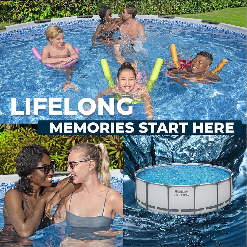 Bestway Steel Pro MAX 15' x 48" Above Ground Pool, Round Metal Frame Outdoor Swimming Pool Set with Filter Pump, Ladder, and Cover, Gray