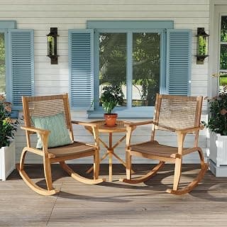 Acacia Wood Outdoor Rocking Chair Set of 2, Natural Wicker Outdoor Rockers with Wicker Rattan Seat & Backrest, 400 lbs Capacity Heavy Duty Rocker for Garden, Backyard & Balcony (Natural)