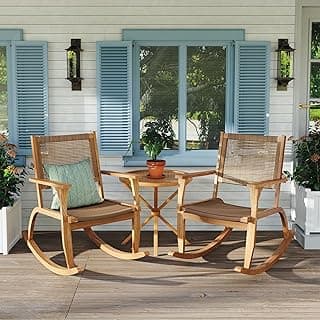 Acacia Wood Outdoor Rocking Chair Set of 2, Natural Wicker Outdoor Rockers with Wicker Rattan Seat & Backrest, 400 lbs Capacity Heavy Duty Rocker for Garden, Backyard & Balcony (Natural)