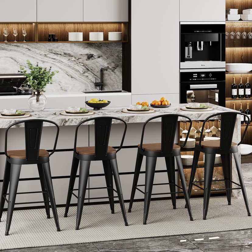 ALISH 26 Inch Industrial Bar Stools Set of 4, High Back Metal Barstools with Large Wood Seat, Counter Height Bar Chairs for Kitchen Island (26 Inch Set of 4, Black)
