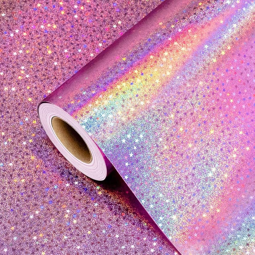 Burymento Pink Wrapping Paper Roll, Metallic Holographic Star Gift Wrap for Birthday, Valentines, Mothers day, Graduation, Wedding, Fathers day, Baby Shower, Christmas (17 IN x 32.8 FT) B0D9NFKFFC