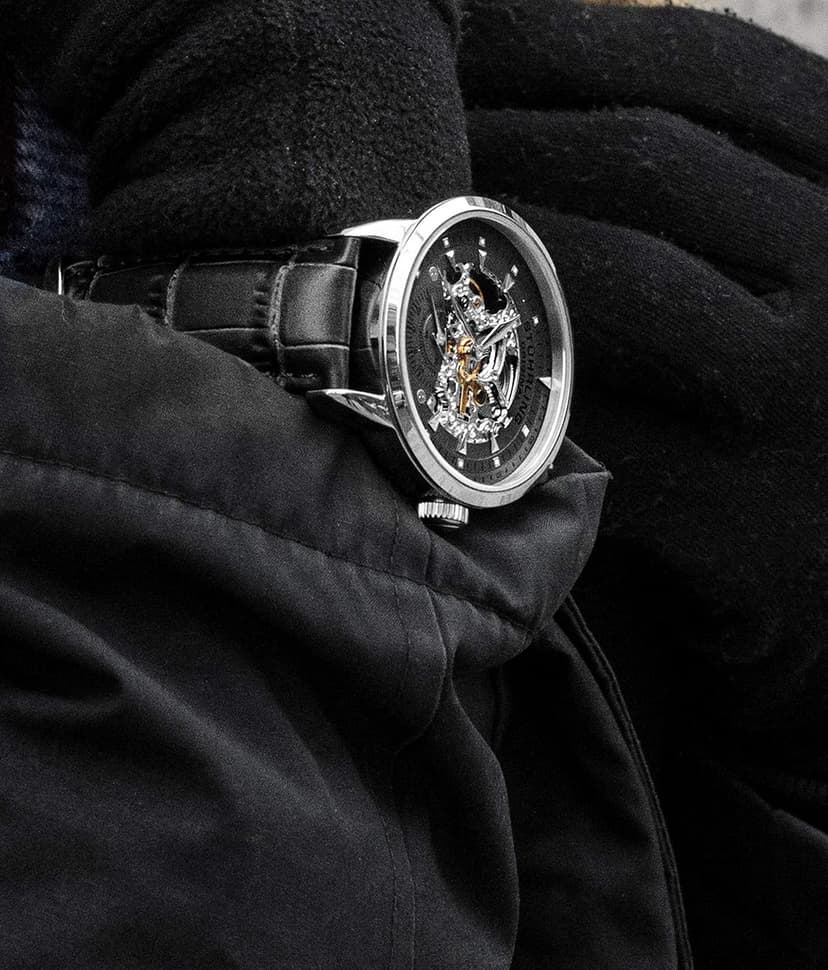 Stuhrling Original Mens Automatic Skeleton Watch - Black Leather Strap, Mechanical Silver Executive Watch