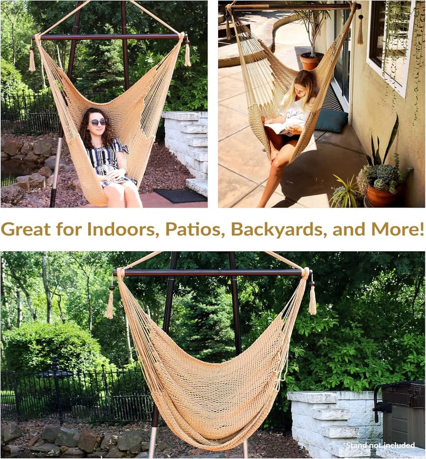 Sunnydaze Outdoor Hammock Chair Swing for Reading - Hanging Hammock Swing for Indoor or Patio - 300lb Capacity - Caribbean XL - Tan