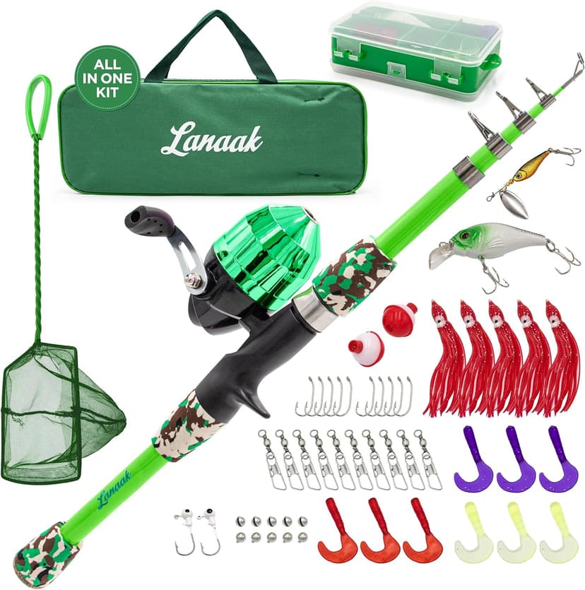 Lanaak Kids Fishing Pole, Kids Portable Telescopic Fishing Rod Set, Tackle Box and Fishing Net Combo Kit, Kids Fishing Gear for Boys and Girls Age 5-10 and Youth