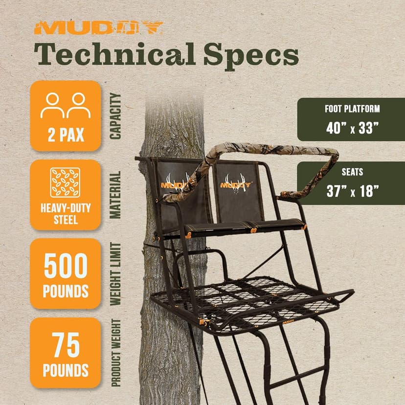 Muddy 2-Person Ladder Tree Stand for Deer Hunting, The Partner, 17' Tall, Black - Adjustable Climbing Treestand with Platform, Straps and Safety Harness for Shooting