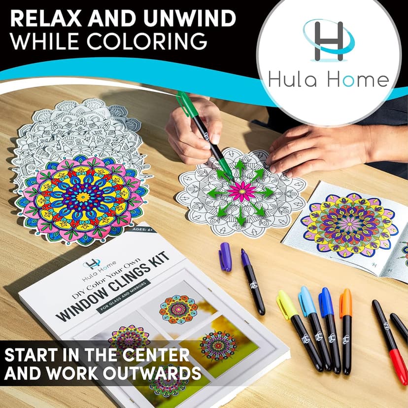 Hula Home Stained Glass Mandala Art Kit - DIY Window Clings with Markers, 10 Suncatchers - Perfect Hobby for Adults, Kids, Teens & Seniors - Ideal Gift for Beginners, Women & Elderly