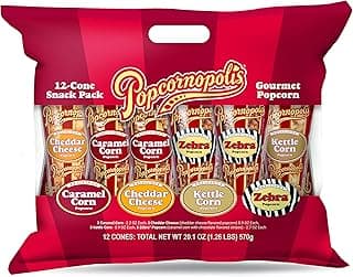 Popcornopolis Gourmet Popcorn Cone Variety Pack – Zebra, Cheddar Cheese, Caramel & Kettle Corn Popcorn, Great for Gifting & Sharing (12-Count)