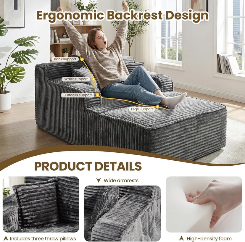 Chaise Lounge Chair Indoor,Boneless Chair with Ottoman,Comfy Reading Chair for Adults,Small Sofa Bed Couch for Living Room,Single Sleeper Chair Bed,Grey
