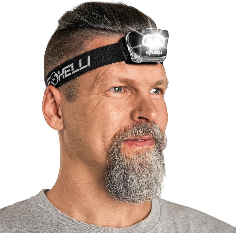 Foxelli LED Headlamp Flashlight for Adults & Kids, Running, Camping, Hiking Head Lamp with White & Red Light, Comfortable Headband, Lightweight & Waterproof, 3 AAA Batteries