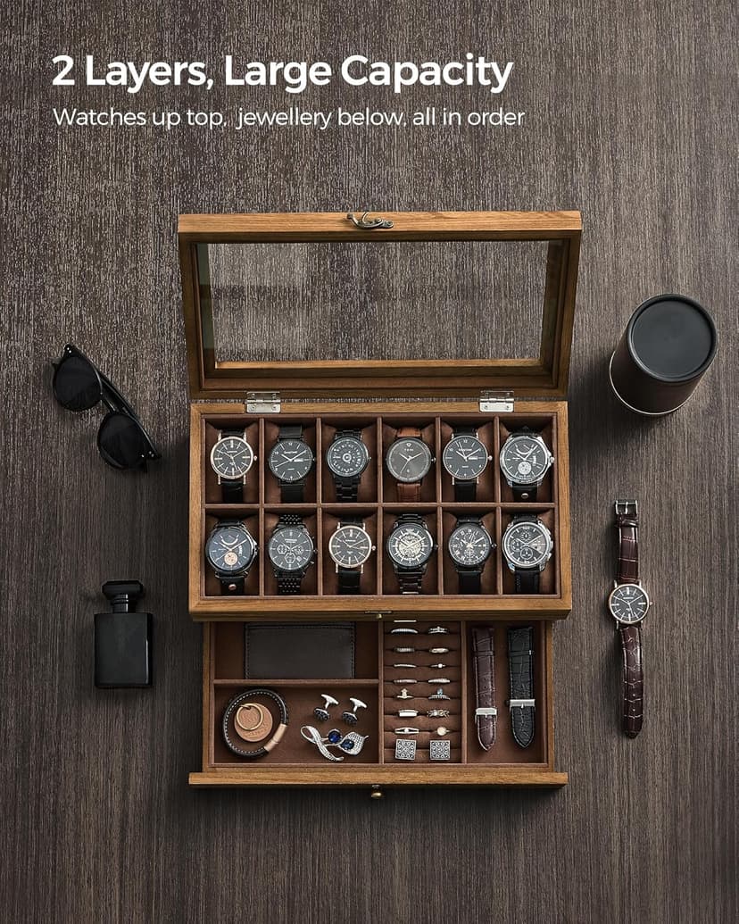 SONGMICS SONGMICS 12-Slot Watch Box, 2-Tier Watch Display Case with Large Glass Lid, Removable Watch Pillows, Velvet Lining, Jewelry Box, Gift Idea, Rustic Walnut UJOW012K01