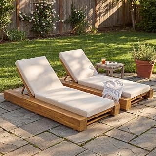 Christopher Knight Home Tory Acacia Wood Chaise Lounge Chair Outdoor Set of 2, Poolside Sun Lounger Recliner, Patio Outdoor Chaise Lounge with Cushions, Adjustable Backrest Lounge Sofa, Beige+Teak