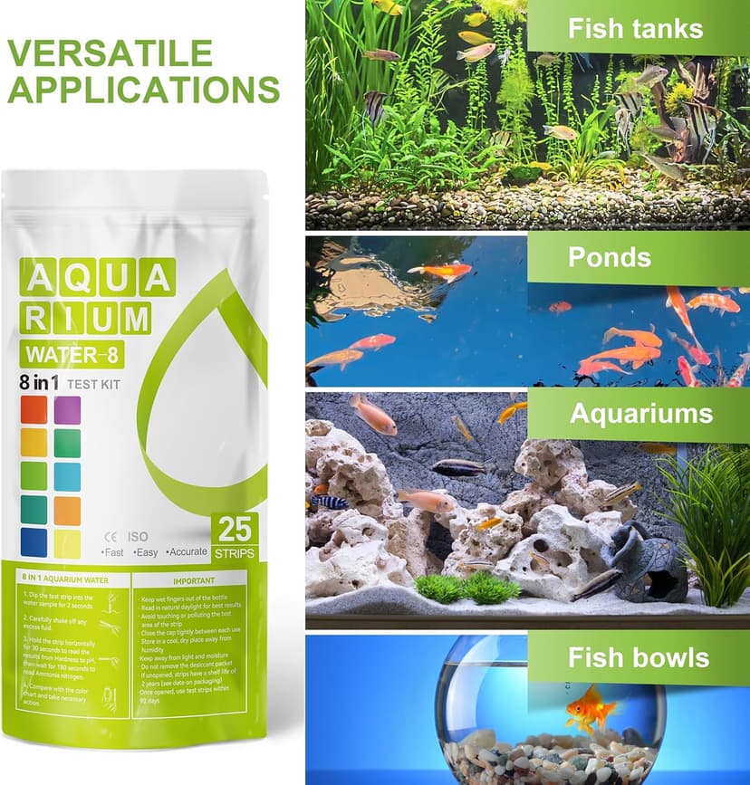 AAwipes Aquarium Ammonia Test Strips 8-in-1 |25 Strips | Quick & Accurate Water Testing Test pH, Carbonate, Alkalinity, Hardness, Chlorine, Nitrite, etc. (K02-25)