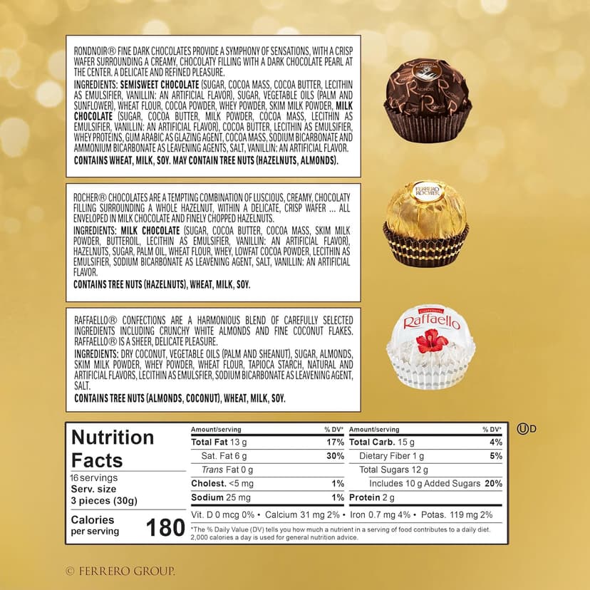 Ferrero Rocher Collection, Premium Gift Set, Hazelnut Milk Chocolate, Dark Chocolate and Coconut, 48 Count, 4.6 oz
