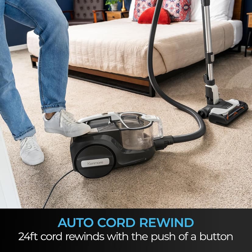 Kenmore DC5070.01 Upgrade 500 Series Bagless Canister Vacuum with Hair Eliminator Brushroll，2-Motor Cyclonic Technology, HEPA Filtration & 24' Auto Cord Rewind for Pet, Carpets, Hard Floors, Stairs