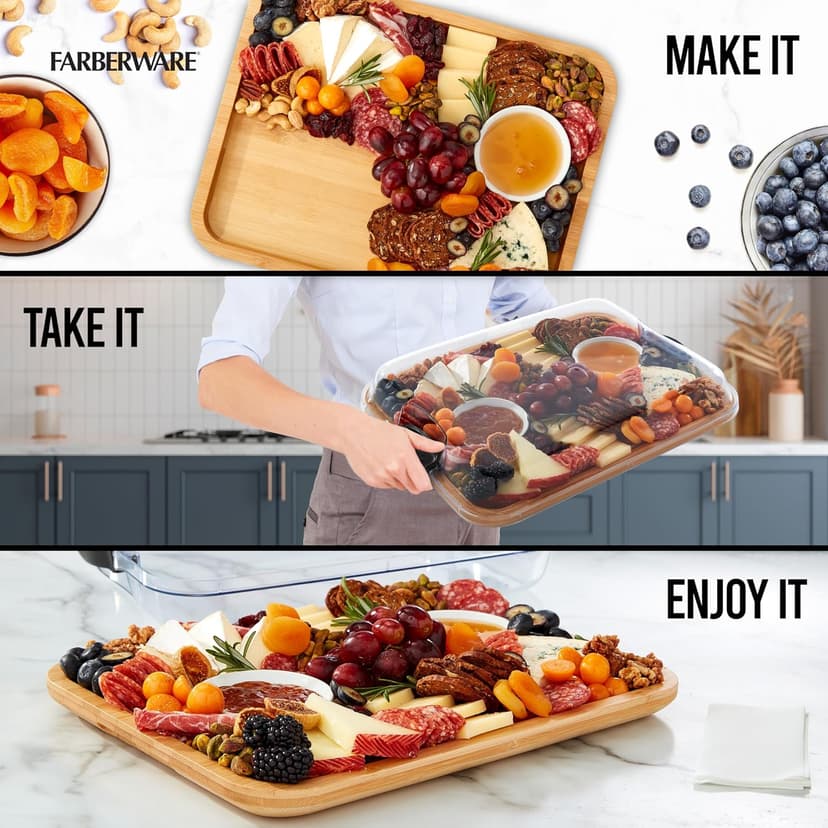 Farberware Bamboo Cutting Board with Clear Locking Lid, 11x14 Inch Charcuterie Board with Handles - Reversible Serving Board for Cheese, Meats, Snacks and More B0D2RRK7CS