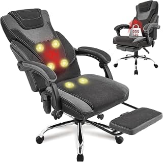 Massage Office Chair with Foot Rest,6-Point Vibration & Heat Executive Office Chairs,Ergonomic Computer Chair for Heavy People,Big and Tall Fabric Office Chair,Recliner with Padded Armrest,BlackGrey