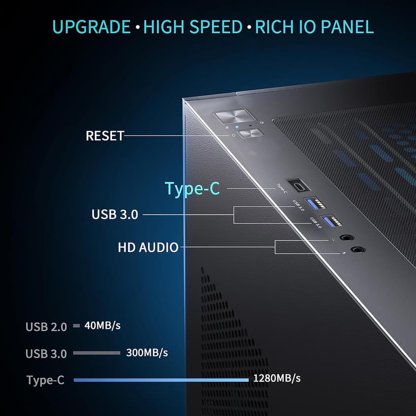 MUSETEX PC CASE ATX 6 PWM ARGB Fans Pre-Installed, Type-C Mid Tower Computer Case with Full-View Dual Tempered Glass, Gaming PC Case,Black(K2)