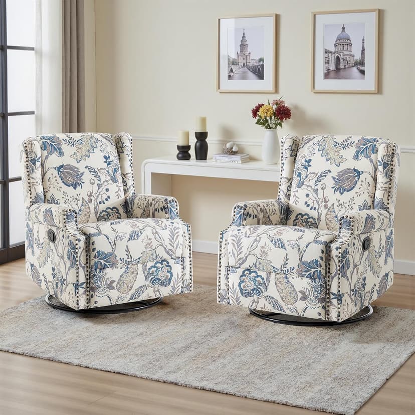 Swivel Glider Floral Recliner Chairs Set of 2, High Back Swivel Rocker Fabric Accent Chair for Living Room, Rivet Trim Upholstered Armchair Manual Sofa Seating - Plants Blue