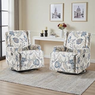 Swivel Glider Floral Recliner Chairs Set of 2, High Back Swivel Rocker Fabric Accent Chair for Living Room, Rivet Trim Upholstered Armchair Manual Sofa Seating - Plants Blue