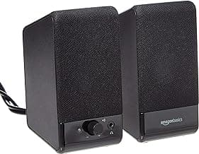Amazon Basics USB-Powered Computer Speakers with Volume Control for Desktop or Laptop PC, Compact Size, Headphone Jack, Portable, Plug-N-Play, Black