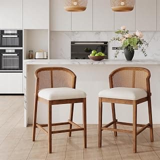 Christopher Knight Home JENA Rattan Counter Stools Set of 2, Counter Height Bar Stools for Bar Table, Rubberwood Frame with Upholstered Barstools, Wood Accent Chair with Footrest, Beige + Walnut
