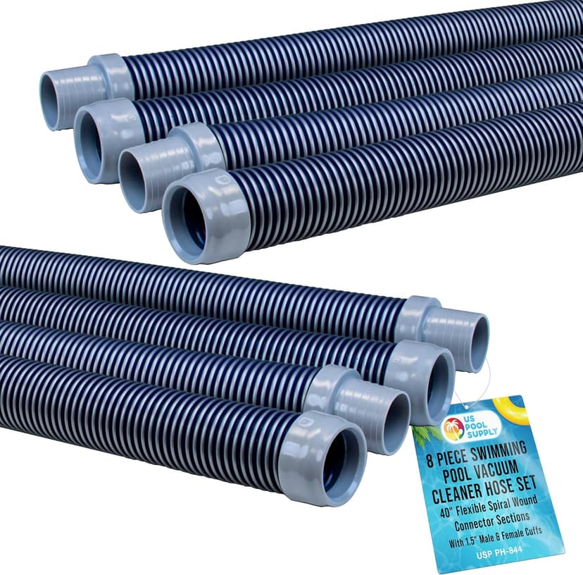 U.S. Pool Supply Pool Vacuum Hose, 8 Piece Pool Hose Set - 40" Blue Flexible Spiral Wound Connector Sections with 1.5" Male & Female Cuff Ends, Replacement Fits Most Inground Automatic Cleaner Brands