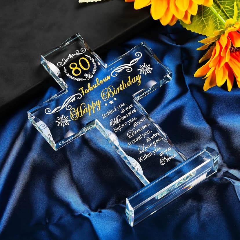 80th Birthday Religious Gifts for Women, Men, Friends, Grandma & Mom - Glass Stand Cross Engraved with 80 Year Old Birthday Blessing, Turning 80 Keepsake Home Decor