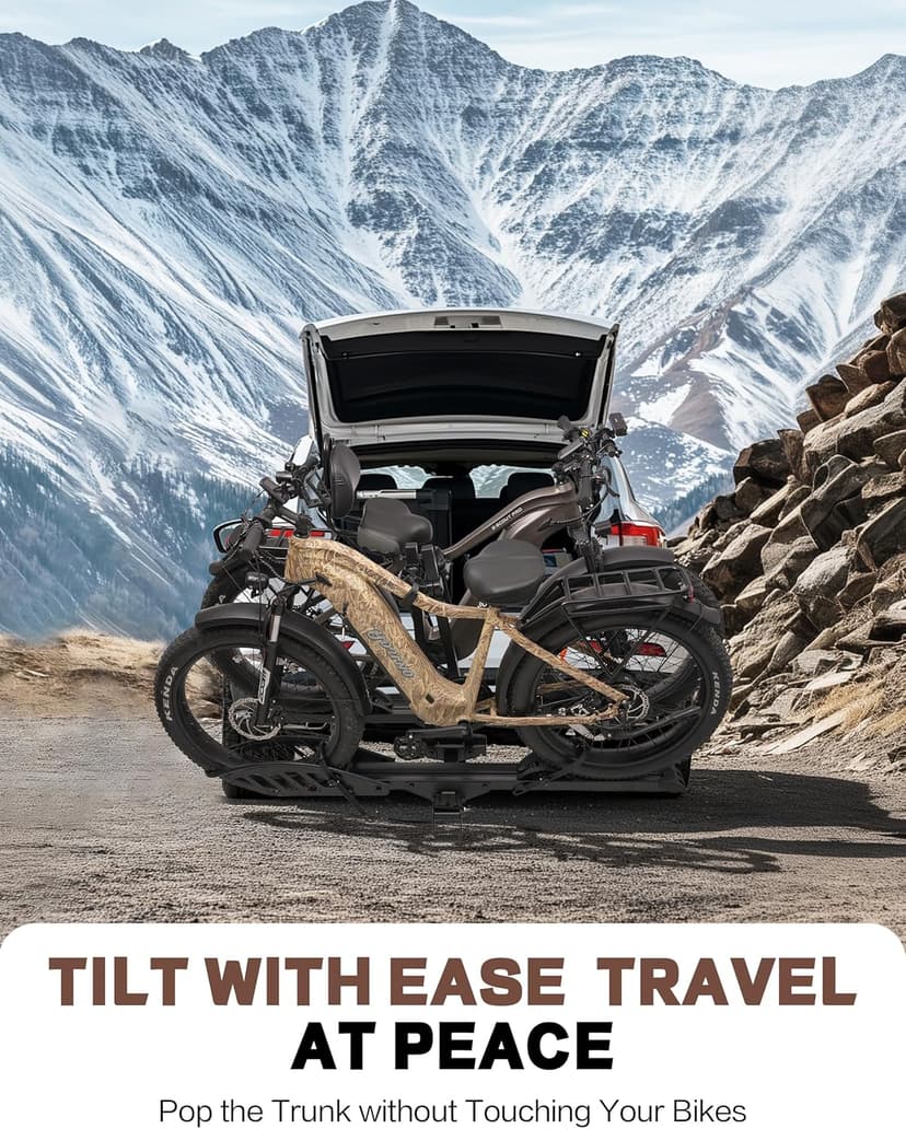 E-Bike Rack with Ramp, Hitch 2 Bike Rack, 200 lbs Capacity Electric Bike Carrier, Foldable Platform Mount for Cars, Trucks, SUVs, Minivans, Up to 5-Inch Fat Tire for 2'' Receiver