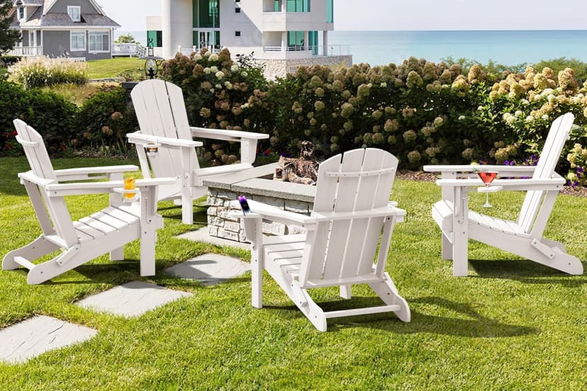 SERWALL Adirondack Chair with Cup Holders - Composite Adirondack Chairs Set of 2 HDPE Outdoor Chairs All Weather Use- White