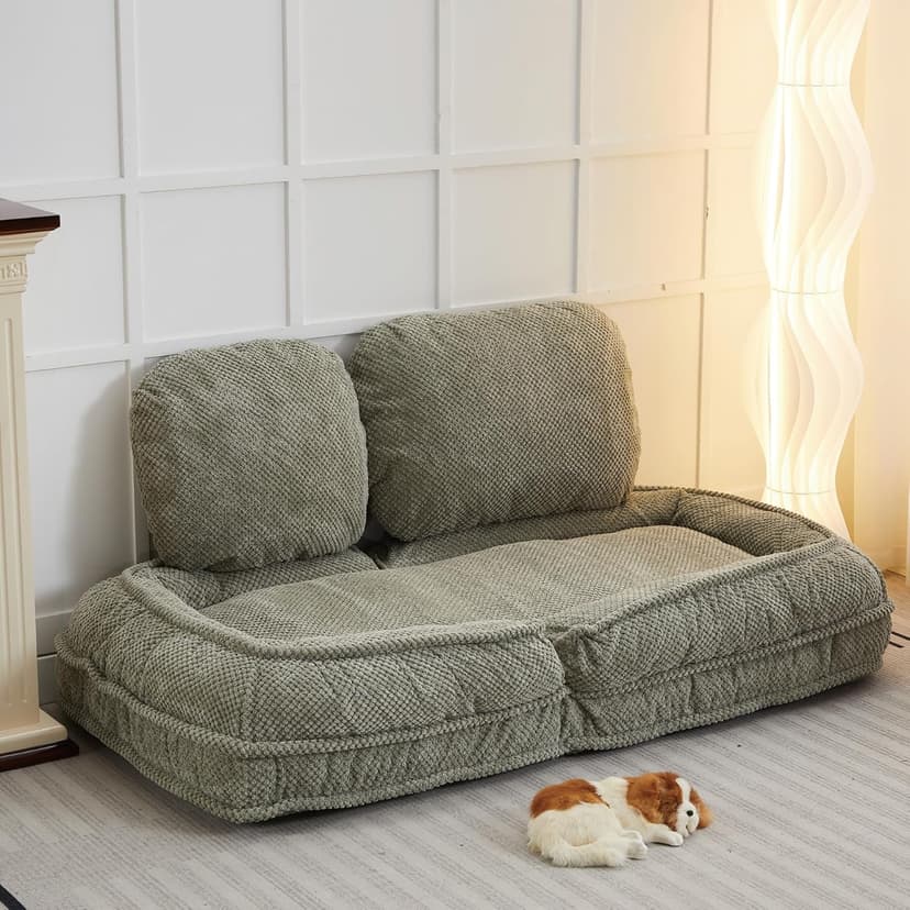 Floor Chair with Back Support, Folding Sofa Chair with 5 Adjustable Position, Plush Floor Gaming Chair, Meditation Chair for Lazy Boys, Human Dog Bed for Living Room, Bedroom, Lounge, Green