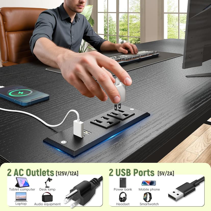 DurayLoly 47.2" Gaming Desk with Power Outlet and LED Lights,Computer Desk with Adjustable Monitor Stand and Drawer,Office Desk with CPU Stand for Home Work,Study and Gaming, Small Spaces,Black