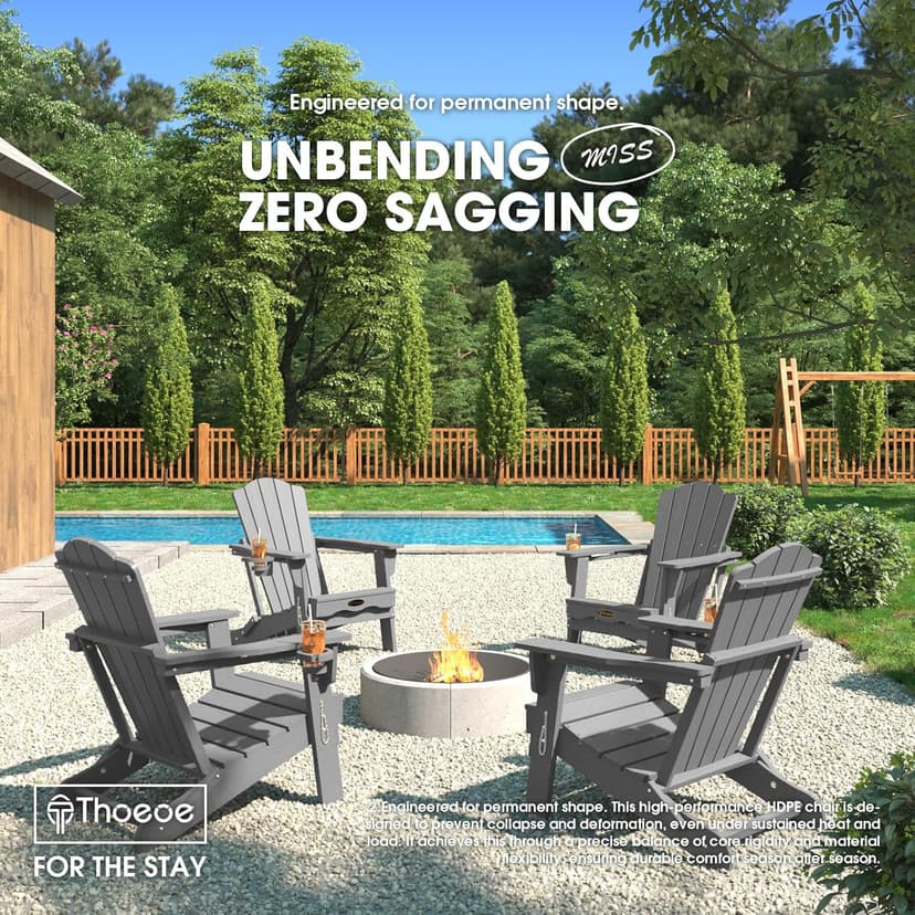 THOEOE Folding Adirondack Chair,HDPE All-Weather Outdoor Chair with Cup Holder,Wooden Textured,Fire Pit Chair,Plastic Patio Chair for Deck,Backyard,Garden,Lawn, Grey