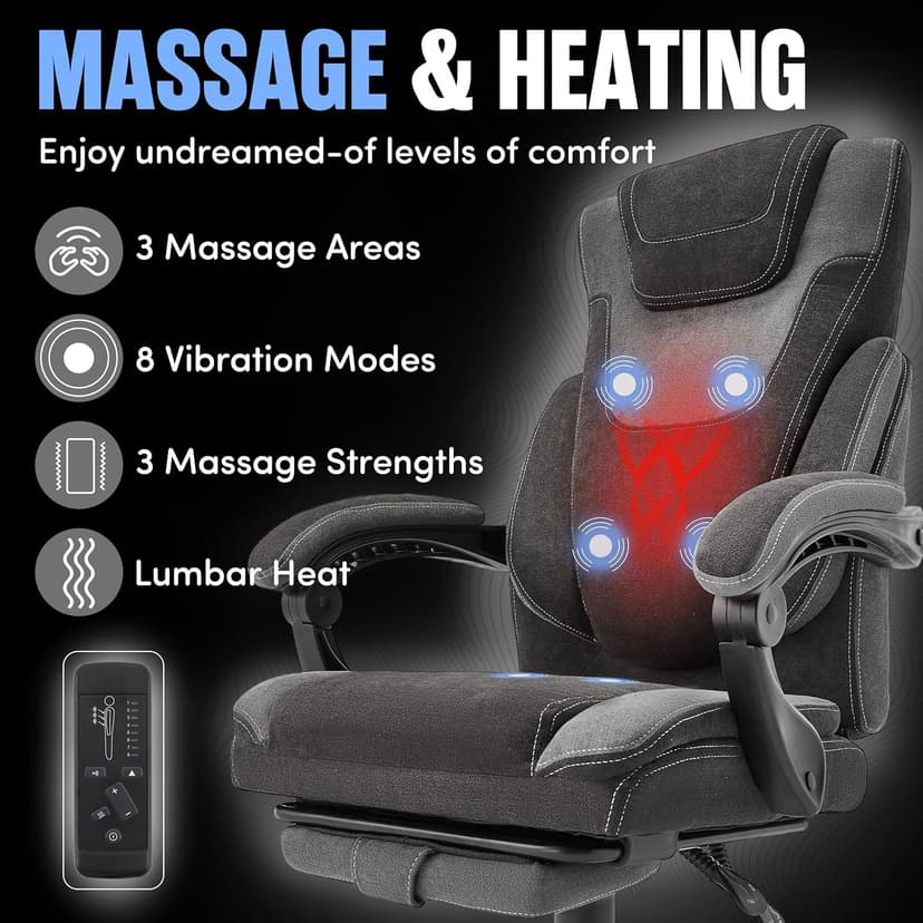 Massage Office Chair with Foot Rest,6-Point Vibration & Heat Executive Office Chairs,Ergonomic Computer Chair for Heavy People,Big and Tall Fabric Office Chair,Recliner with Padded Armrest,BlackGrey