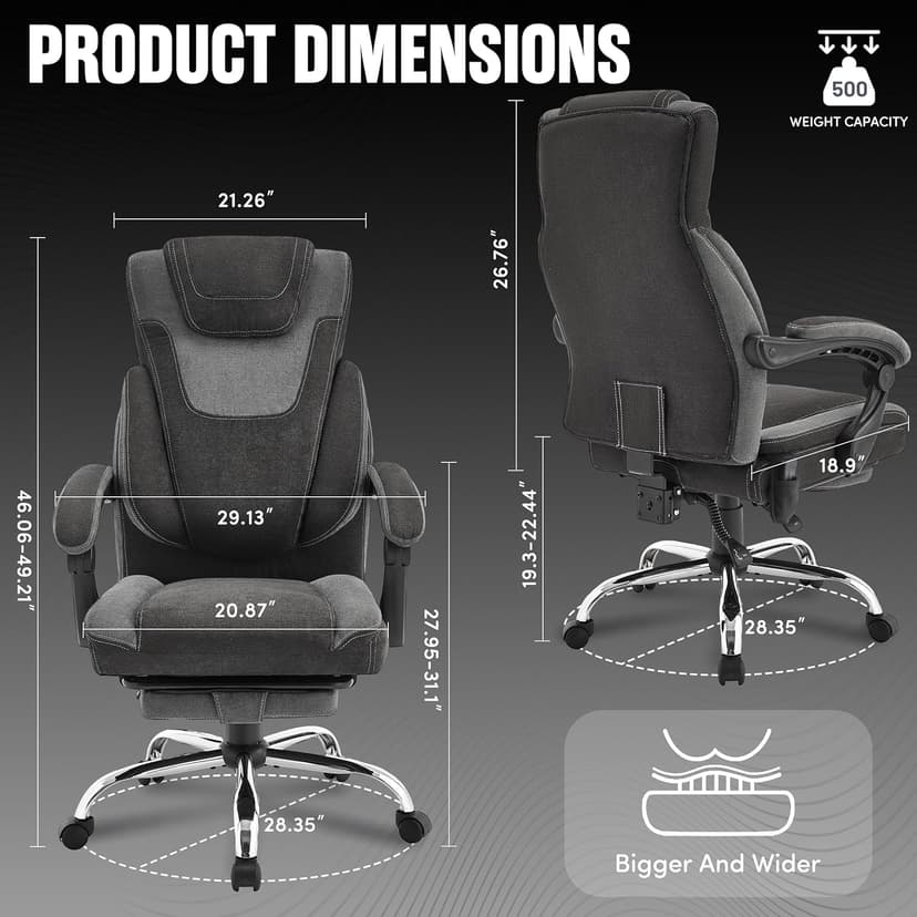 Massage Office Chair with Foot Rest,6-Point Vibration & Heat Executive Office Chairs,Ergonomic Computer Chair for Heavy People,Big and Tall Fabric Office Chair,Recliner with Padded Armrest,BlackGrey