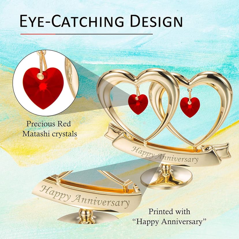 Matashi 24K Gold Plated "Happy Anniversary" Double Heart Table Top Ornament With Red-Cut Crystals