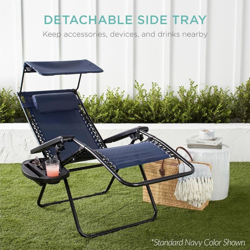 Best Choice Products 30” Wide Folding Zero Gravity Outdoor Recliner Patio Lounge Chair w/Adjustable Canopy Shade, Headrest, Side Accessory Tray - Gray